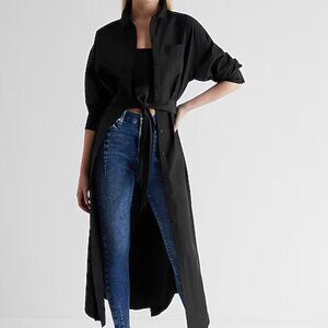 NWT Express Boyfriend Poplin Portofino Maxi Shirt Dress Women's Black Long M